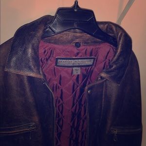 Brown genuine leather jacket with red plush lining